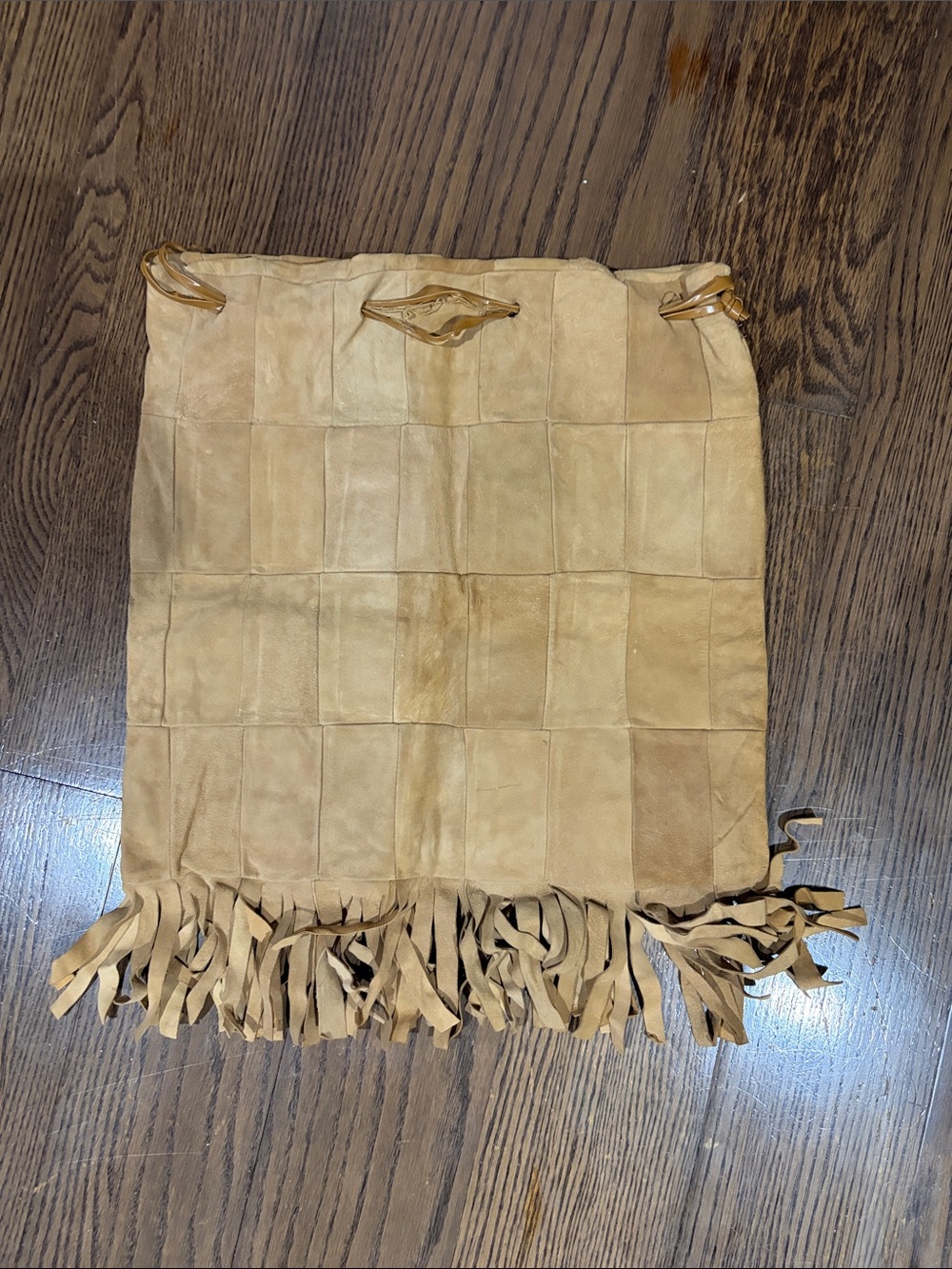 Vtg Fringed Patchwork Suede Satchel Native American clutch pull string bag